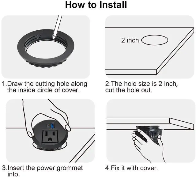 Alt view image 5 of 6 - 2 inch Desktop Power Grommet with 20W USB-C, Fast Charge Recessed Desk Outlet for Conference Countertop Cabinet Nightstand Furniture, 6.5FT Extension Cord, 45°Flat Plug, ETL Listed