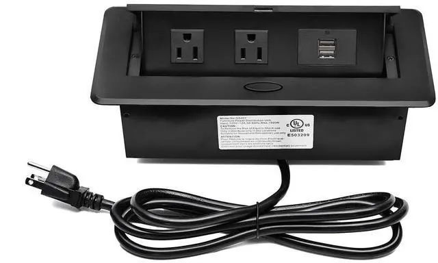Main image of UL Listed Power Strip, Pop Up Power Cover Box Desktop Socket with Dual USB Charging Ports, Stainless Steel Receptacle Outlet for Conference Room Countertop (Black)