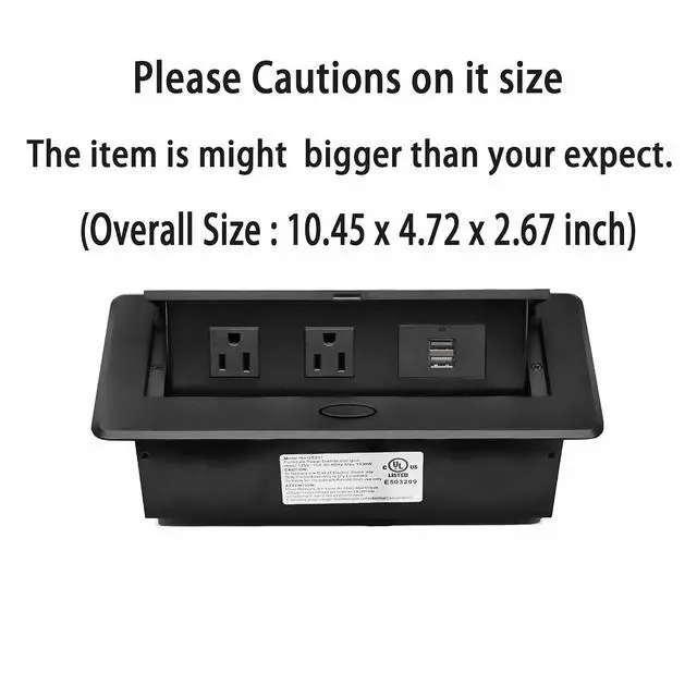 Alt view image 2 of 6 - UL Listed Power Strip, Pop Up Power Cover Box Desktop Socket with Dual USB Charging Ports, Stainless Steel Receptacle Outlet for Conference Room Countertop (Black)