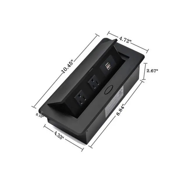 Alt view image 5 of 6 - UL Listed Power Strip, Pop Up Power Cover Box Desktop Socket with Dual USB Charging Ports, Stainless Steel Receptacle Outlet for Conference Room Countertop (Black)