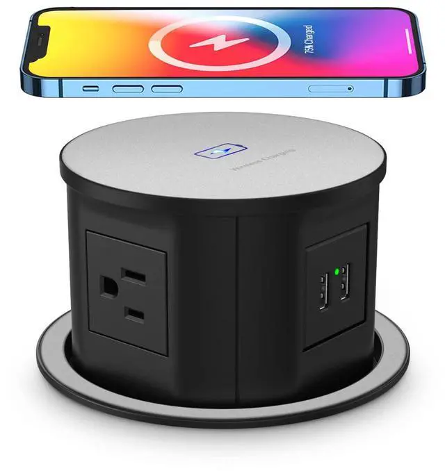 Main image of Pop up Power Outlet for Countertop,with 15W Wireless Charger,4.7'' Diameter Round Pop Up Counter Outlet with 4 Outlets,2 USB,Hidden Pop Out Outlet,ETL Listed,Black