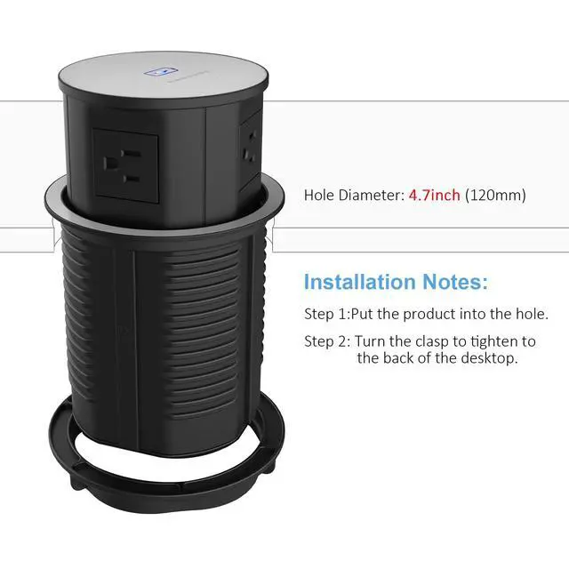 Alt view image 5 of 6 - Pop up Power Outlet for Countertop,with 15W Wireless Charger,4.7'' Diameter Round Pop Up Counter Outlet with 4 Outlets,2 USB,Hidden Pop Out Outlet,ETL Listed,Black