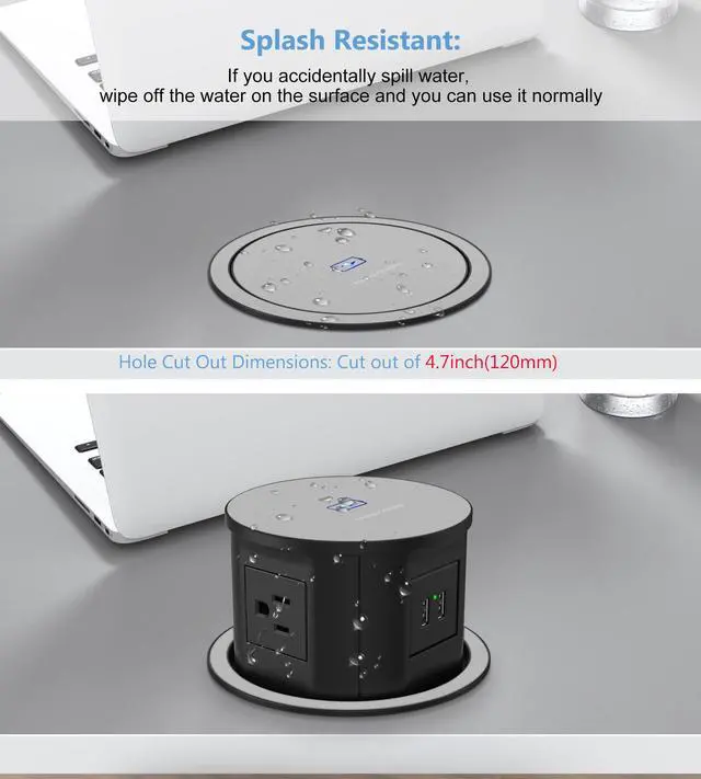 Alt view image 2 of 6 - Pop up Power Outlet for Countertop,with 15W Wireless Charger,4.7'' Diameter Round Pop Up Counter Outlet with 4 Outlets,2 USB,Hidden Pop Out Outlet,ETL Listed,Black