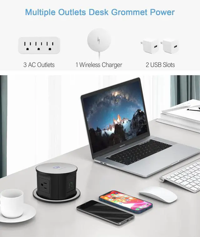 Alt view image 3 of 6 - Pop up Power Outlet for Countertop,with 15W Wireless Charger,4.7'' Diameter Round Pop Up Counter Outlet with 4 Outlets,2 USB,Hidden Pop Out Outlet,ETL Listed,Black