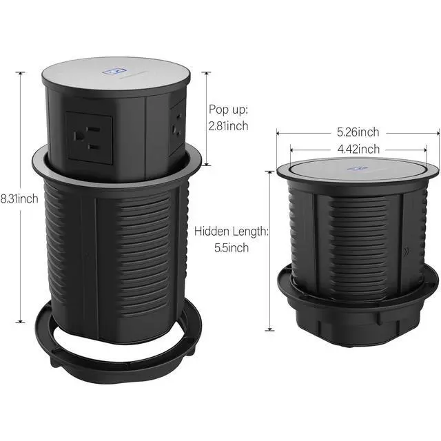 Alt view image 6 of 6 - Pop up Power Outlet for Countertop,with 15W Wireless Charger,4.7'' Diameter Round Pop Up Counter Outlet with 4 Outlets,2 USB,Hidden Pop Out Outlet,ETL Listed,Black