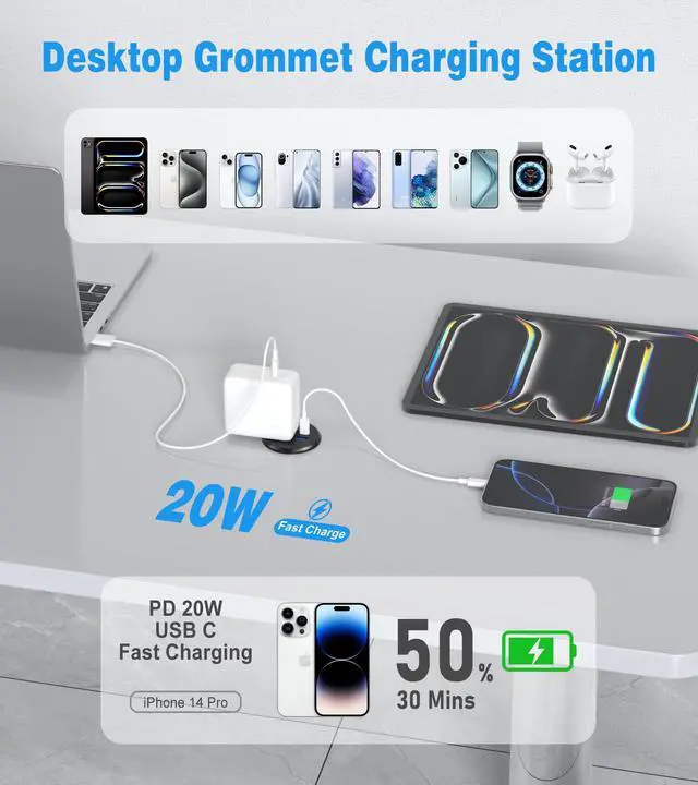Alt view image 2 of 7 - 2 Pack Desk Power Grommet Outlet, 2 inch Recessed Power Outlet with 20W USB-C Fast Charging, for Conference Rooms, Office Tables, Furniture, 6FT Cord(ETL Listed)