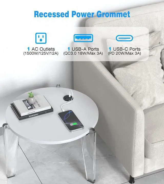 Alt view image 3 of 7 - 2 Pack Desk Power Grommet Outlet, 2 inch Recessed Power Outlet with 20W USB-C Fast Charging, for Conference Rooms, Office Tables, Furniture, 6FT Cord(ETL Listed)