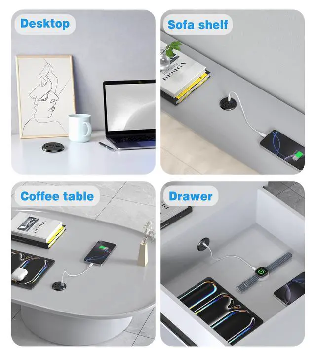 Alt view image 7 of 7 - 2 Pack Desk Power Grommet Outlet, 2 inch Recessed Power Outlet with 20W USB-C Fast Charging, for Conference Rooms, Office Tables, Furniture, 6FT Cord(ETL Listed)