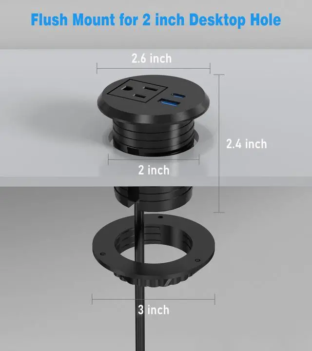 Alt view image 6 of 7 - 2 Pack Desk Power Grommet Outlet, 2 inch Recessed Power Outlet with 20W USB-C Fast Charging, for Conference Rooms, Office Tables, Furniture, 6FT Cord(ETL Listed)
