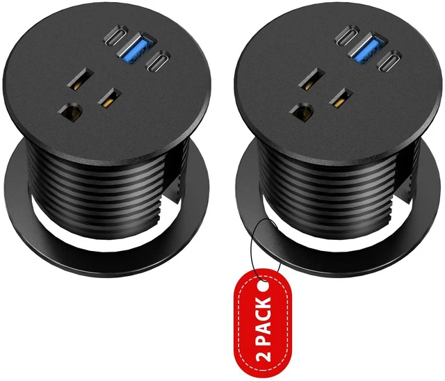 Main image of Recessed Power Strip-2 Pack Desk Grommet Power Strip, 2.5 inch Desktop with 20W Fast Charging USB-C Port (Black, 10FT)