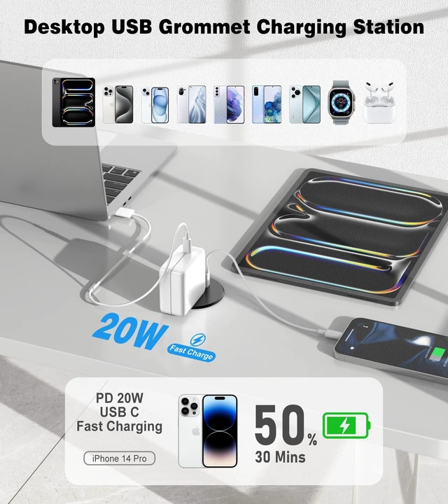 Alt view image 3 of 7 - Recessed Power Strip-2 Pack Desk Grommet Power Strip, 2.5 inch Desktop with 20W Fast Charging USB-C Port (Black, 10FT)