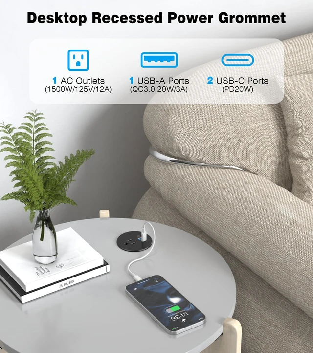 Alt view image 2 of 7 - Recessed Power Strip-2 Pack Desk Grommet Power Strip, 2.5 inch Desktop with 20W Fast Charging USB-C Port (Black, 10FT)
