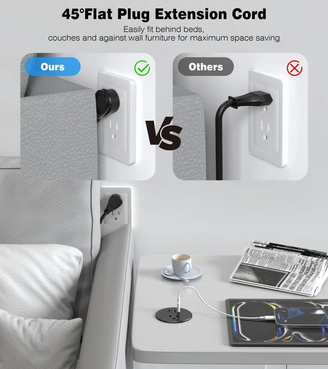 Alt view image 5 of 7 - Recessed Power Strip-2 Pack Desk Grommet Power Strip, 2.5 inch Desktop with 20W Fast Charging USB-C Port (Black, 10FT)