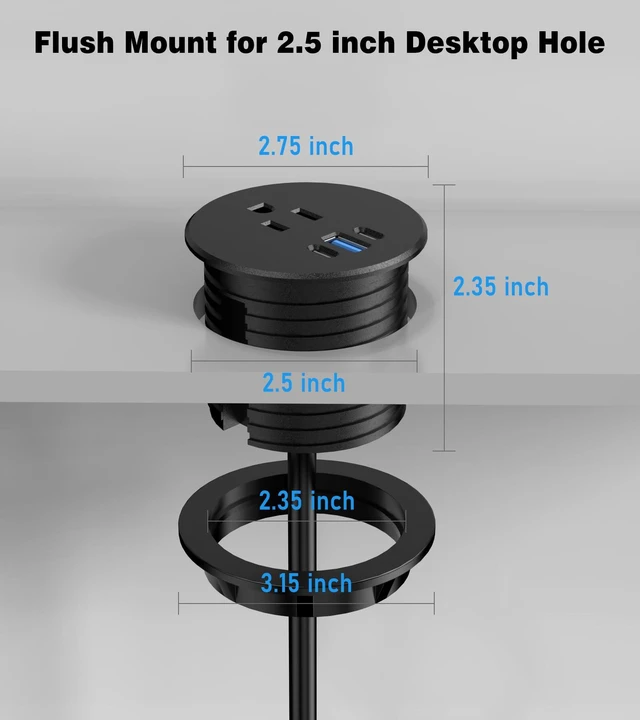 Alt view image 7 of 7 - Recessed Power Strip-2 Pack Desk Grommet Power Strip, 2.5 inch Desktop with 20W Fast Charging USB-C Port (Black, 10FT)