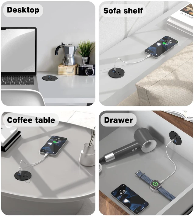 Alt view image 6 of 7 - Recessed Power Strip-2 Pack Desk Grommet Power Strip, 2.5 inch Desktop with 20W Fast Charging USB-C Port (Black, 10FT)