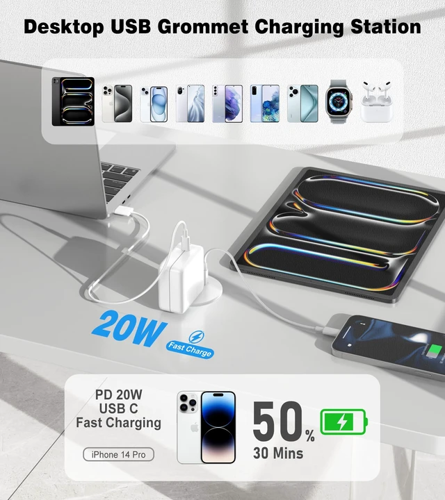 Alt view image 4 of 7 - Recessed Power Strip-2 Pack Desk Grommet Power Strip, 2.5 inch Desktop with 20W Fast Charging USB-C Port (White, 10FT)