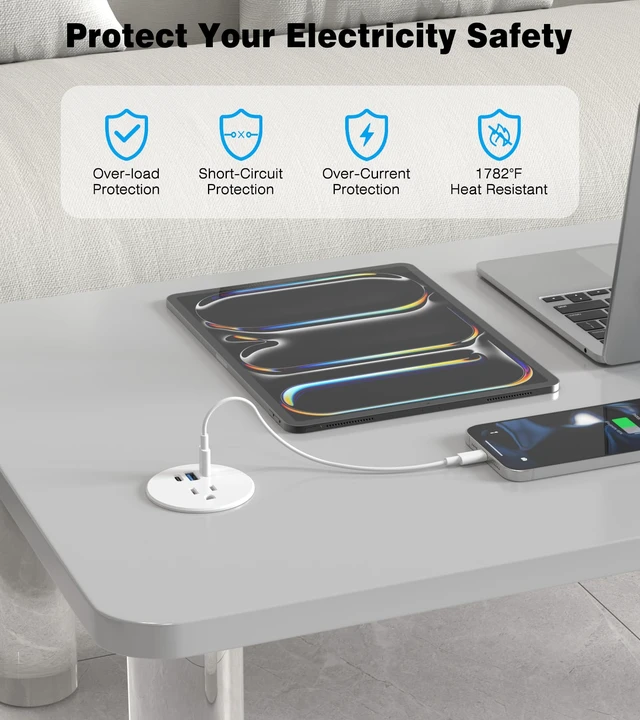 Alt view image 3 of 7 - Recessed Power Strip-2 Pack Desk Grommet Power Strip, 2.5 inch Desktop with 20W Fast Charging USB-C Port (White, 10FT)