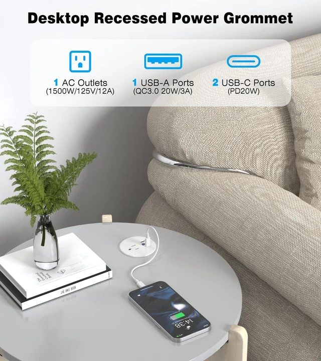 Alt view image 2 of 7 - Recessed Power Strip-2 Pack Desk Grommet Power Strip, 2.5 inch Desktop with 20W Fast Charging USB-C Port (White, 10FT)