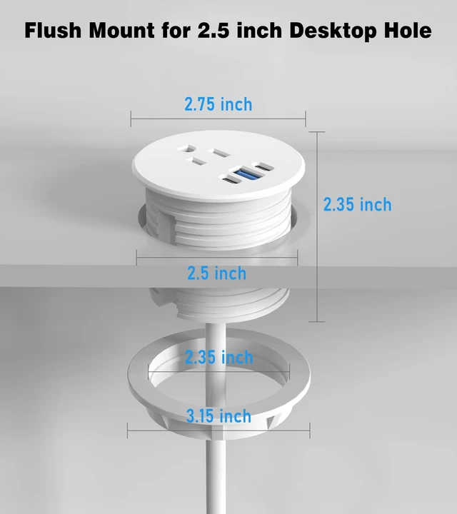 Alt view image 6 of 7 - Recessed Power Strip-2 Pack Desk Grommet Power Strip, 2.5 inch Desktop with 20W Fast Charging USB-C Port (White, 10FT)