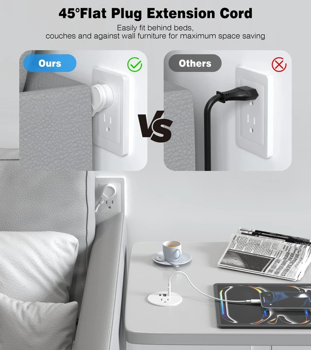 Alt view image 5 of 7 - Recessed Power Strip-2 Pack Desk Grommet Power Strip, 2.5 inch Desktop with 20W Fast Charging USB-C Port (White, 10FT)