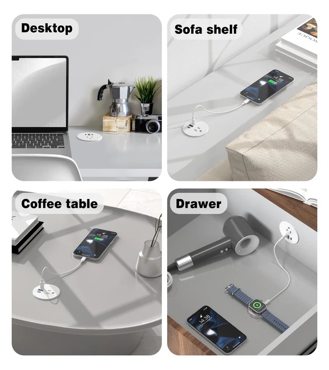 Alt view image 7 of 7 - Recessed Power Strip-2 Pack Desk Grommet Power Strip, 2.5 inch Desktop with 20W Fast Charging USB-C Port (White, 10FT)
