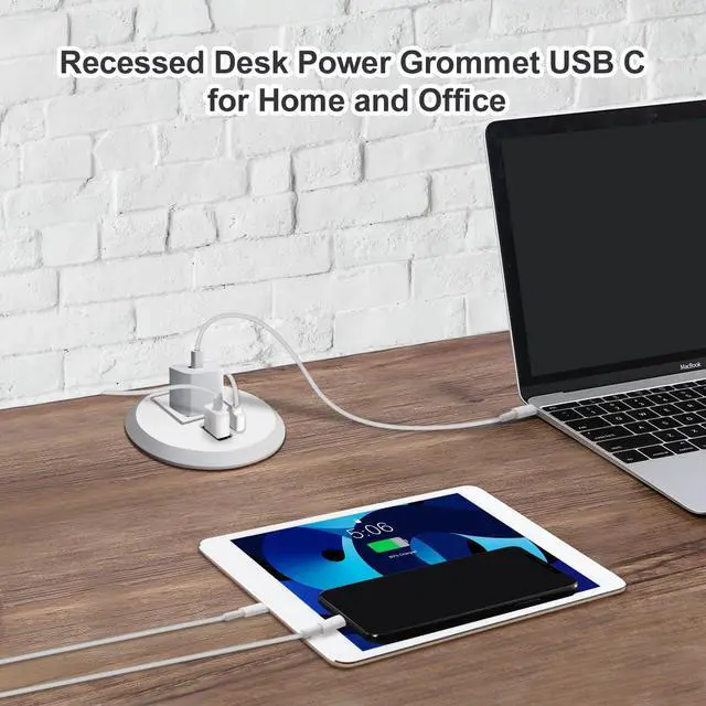 Alt view image 5 of 5 - 2 inch Desktop Power Grommet with 20W USB-C, Fast Charge Recessed Desk Outlet for Conference Countertop Cabinet Nightstand Furniture, 6.5FT Extension Cord, 45°Flat Plug, ETL Listed