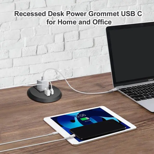 Alt view image 6 of 6 - 2 inch Desktop Power Grommet with 20W USB-C, Fast Charge Recessed Desk Outlet for Conference Countertop Cabinet Nightstand Furniture, 6.5FT Extension Cord, 45°Flat Plug, ETL Listed