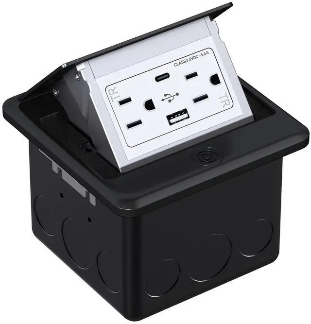 Main image of Pop Up Floor Outlet Box with 15 Amp Tamper-Resistant Type A & Type C USB 5V/5.0A Recepatacle Outlet, Corrosive Resistant Hardware, ETL Listed, Black