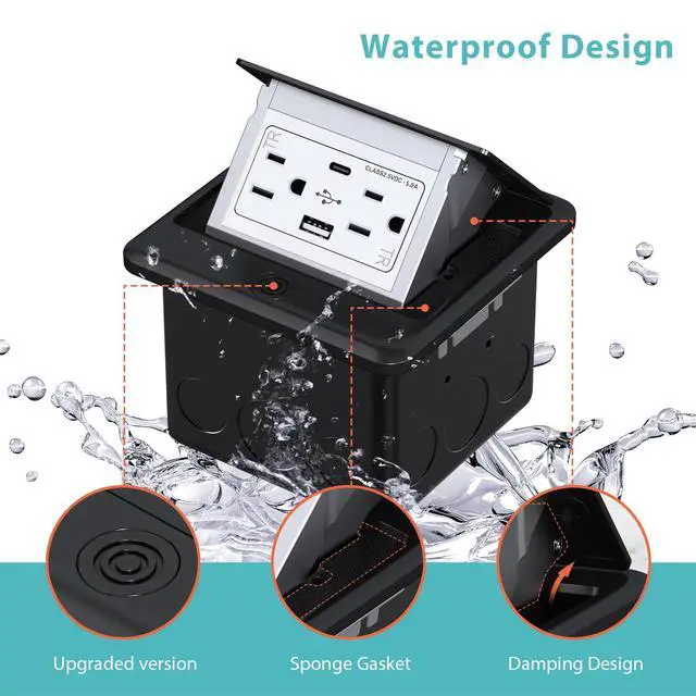 Alt view image 2 of 7 - Pop Up Floor Outlet Box with 15 Amp Tamper-Resistant Type A & Type C USB 5V/5.0A Recepatacle Outlet, Corrosive Resistant Hardware, ETL Listed, Black
