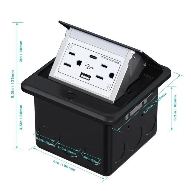 Alt view image 4 of 7 - Pop Up Floor Outlet Box with 15 Amp Tamper-Resistant Type A & Type C USB 5V/5.0A Recepatacle Outlet, Corrosive Resistant Hardware, ETL Listed, Black