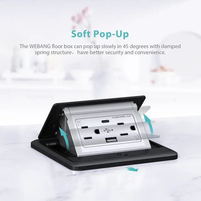 Alt view image 6 of 7 - Pop Up Floor Outlet Box with 15 Amp Tamper-Resistant Type A & Type C USB 5V/5.0A Recepatacle Outlet, Corrosive Resistant Hardware, ETL Listed, Black