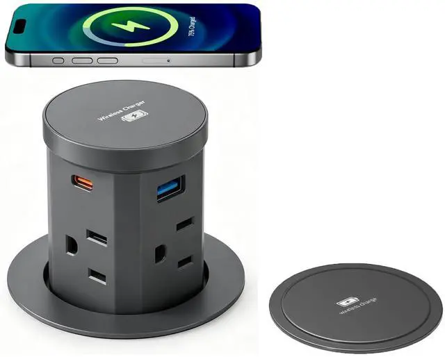 Main image of 2.36" Pop Up Countertop Outlet, Pop Up Outlet with 15W Wireless Charger, Fits Standard Desktop Grommet Holes, No Extra Drilling, 4 AC Outlets, 2 USB-A & 2 USB-C PD 20W Fast Charging, Qi Compatible