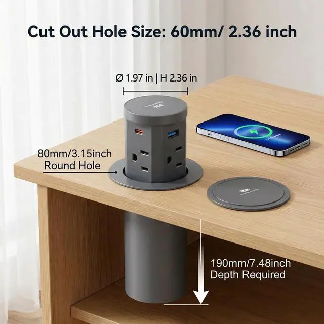 Alt view image 3 of 7 - 2.36" Pop Up Countertop Outlet, Pop Up Outlet with 15W Wireless Charger, Fits Standard Desktop Grommet Holes, No Extra Drilling, 4 AC Outlets, 2 USB-A & 2 USB-C PD 20W Fast Charging, Qi Compatible