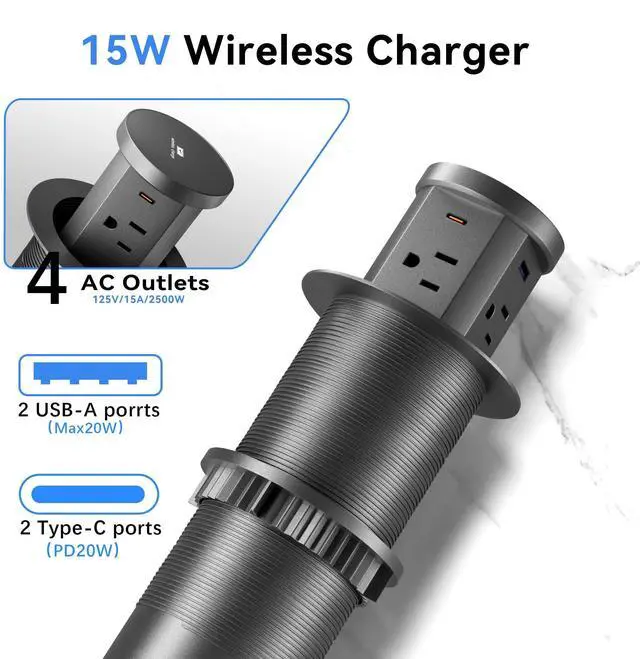 Alt view image 2 of 7 - 2.36" Pop Up Countertop Outlet, Pop Up Outlet with 15W Wireless Charger, Fits Standard Desktop Grommet Holes, No Extra Drilling, 4 AC Outlets, 2 USB-A & 2 USB-C PD 20W Fast Charging, Qi Compatible