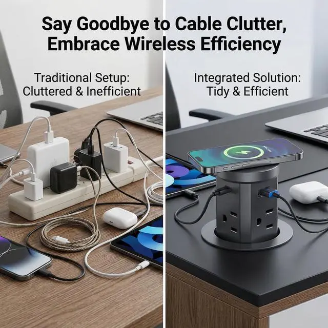 Alt view image 4 of 7 - 2.36" Pop Up Countertop Outlet, Pop Up Outlet with 15W Wireless Charger, Fits Standard Desktop Grommet Holes, No Extra Drilling, 4 AC Outlets, 2 USB-A & 2 USB-C PD 20W Fast Charging, Qi Compatible