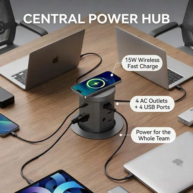 Alt view image 6 of 7 - 2.36" Pop Up Countertop Outlet, Pop Up Outlet with 15W Wireless Charger, Fits Standard Desktop Grommet Holes, No Extra Drilling, 4 AC Outlets, 2 USB-A & 2 USB-C PD 20W Fast Charging, Qi Compatible