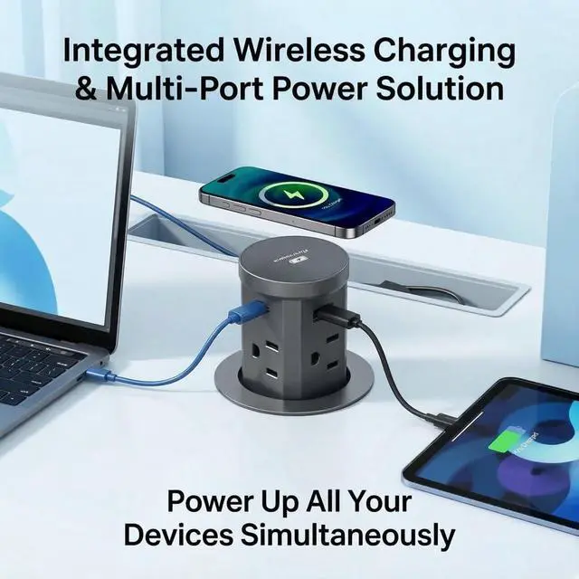 Alt view image 7 of 7 - 2.36" Pop Up Countertop Outlet, Pop Up Outlet with 15W Wireless Charger, Fits Standard Desktop Grommet Holes, No Extra Drilling, 4 AC Outlets, 2 USB-A & 2 USB-C PD 20W Fast Charging, Qi Compatible