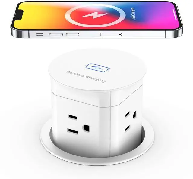 Main image of Pop Up Outlet with 15W Wireless Charger,4 Outlets 15A, Splash Resistant,3 inch Desk Hole Power Grommet,Space Saver Outlet for Kitchen Countertop,Office Conference Table,ETL Listed