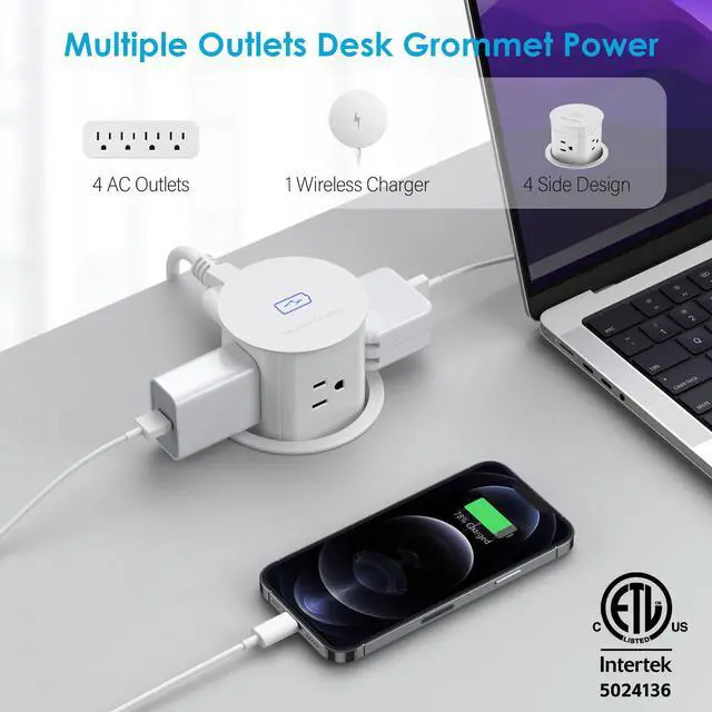 Alt view image 2 of 7 - Pop Up Outlet with 15W Wireless Charger,4 Outlets 15A, Splash Resistant,3 inch Desk Hole Power Grommet,Space Saver Outlet for Kitchen Countertop,Office Conference Table,ETL Listed