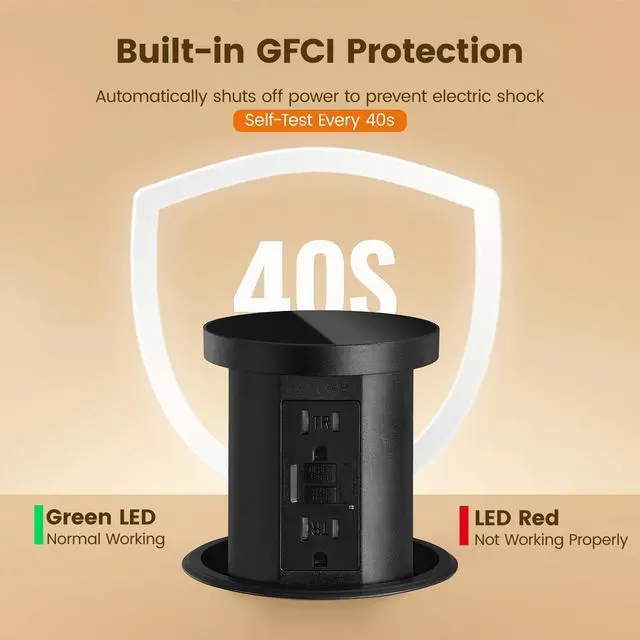 Alt view image 4 of 7 - GFCI Pop Up Outlet for Countertops & Desks with 2 USB Ports, 4 GFCI Outlets, 4.3" Hole Size, Tamper-Resistant Power Outlets for Office, Kitchen, Home, Splashproof Design, ETL Listed