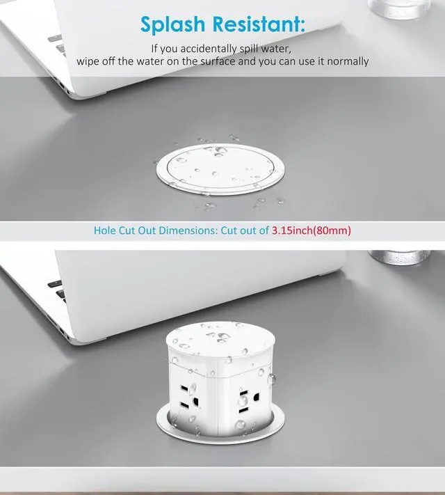 Alt view image 4 of 7 - Pop Up Outlet for Countertop, Flush Mount Tamper Resistant Space Saver Recessed 1875W Grommet,4 Outlets,15Amp Receptacle,ETL Listed,3.15inch Hole,White