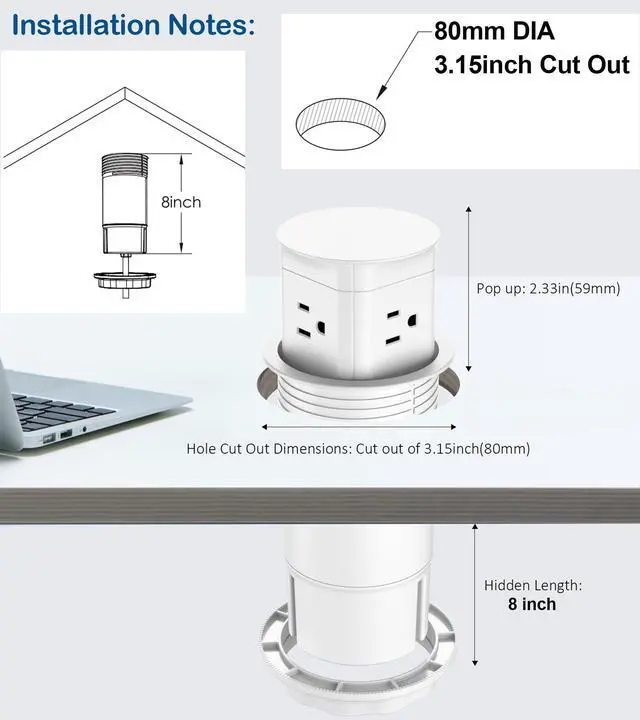 Alt view image 6 of 7 - Pop Up Outlet for Countertop, Flush Mount Tamper Resistant Space Saver Recessed 1875W Grommet,4 Outlets,15Amp Receptacle,ETL Listed,3.15inch Hole,White