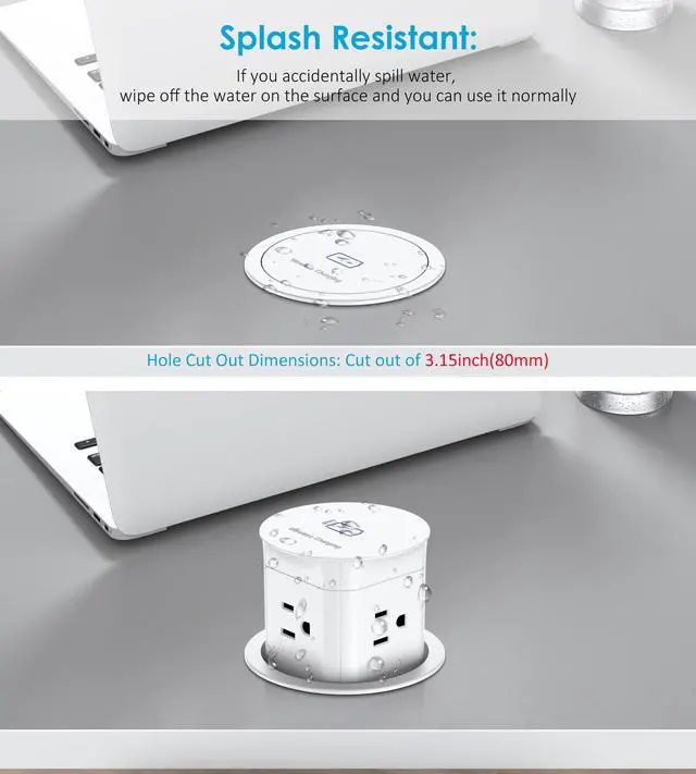 Alt view image 4 of 7 - Pop Up Outlet with 15W Wireless Charger,4 Outlets 15A, Splash Resistant,3 inch Desk Hole Power Grommet,Space Saver Outlet for Kitchen Countertop,Office Conference Table,ETL Listed