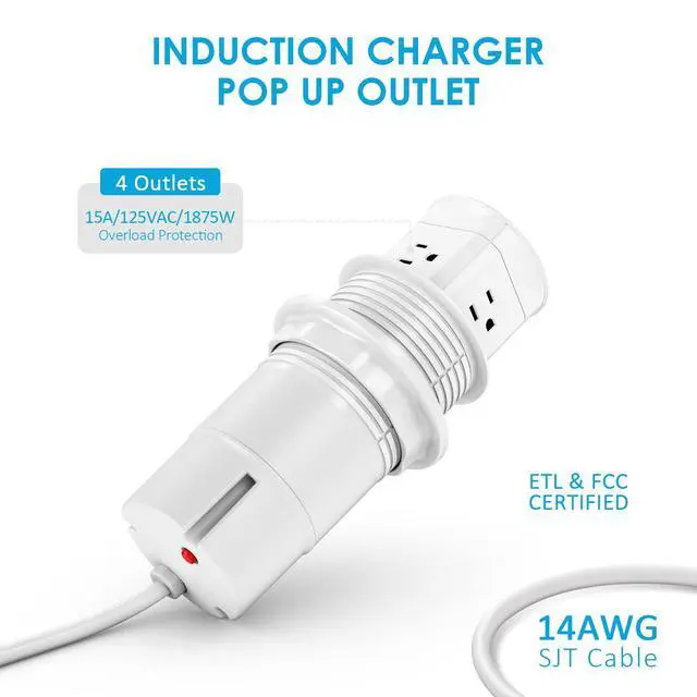 Alt view image 7 of 7 - Pop Up Outlet with 15W Wireless Charger,4 Outlets 15A, Splash Resistant,3 inch Desk Hole Power Grommet,Space Saver Outlet for Kitchen Countertop,Office Conference Table,ETL Listed