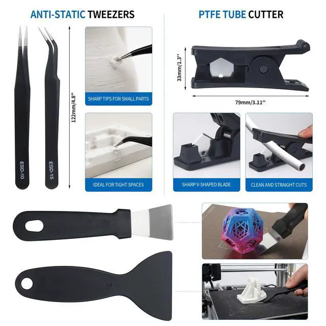 Alt view image 7 of 7 - 61-Piece 3D Printer Tool Kit with Hard Case, Deburring Tool, Craft Knife, Hand Drill, Needle Files, Scrapers, Nozzle Cleaning Needles & PTFE Tube Cutter for FDM/SLA Printers