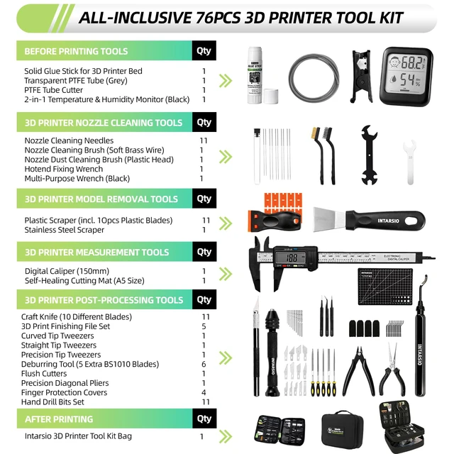 Alt view image 2 of 7 - 76pcs 3D Printer Tools Kit with Bag, 3D Printer Accessories includes Digital Caliper, Hygrometer, PTFE Tube Kit, Deburring Tool, Scrapers, Nozzle Cleaning, for Bambu Lab, Ender 3, FDM/SLA Printers etc