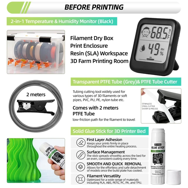 Alt view image 3 of 7 - 76pcs 3D Printer Tools Kit with Bag, 3D Printer Accessories includes Digital Caliper, Hygrometer, PTFE Tube Kit, Deburring Tool, Scrapers, Nozzle Cleaning, for Bambu Lab, Ender 3, FDM/SLA Printers etc