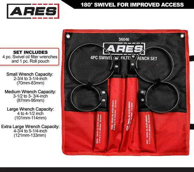 Alt view image 2 of 7 - 56065-4-Piece Swivel Oil Filter Wrench Set with Storage Pouch - Wrenches Cover 2 3/4-Inch to 5 1/4-Inch (70mm to 133mm) Diameter Filters - 180-Degree Swivel - Automatically Tightens on Filter