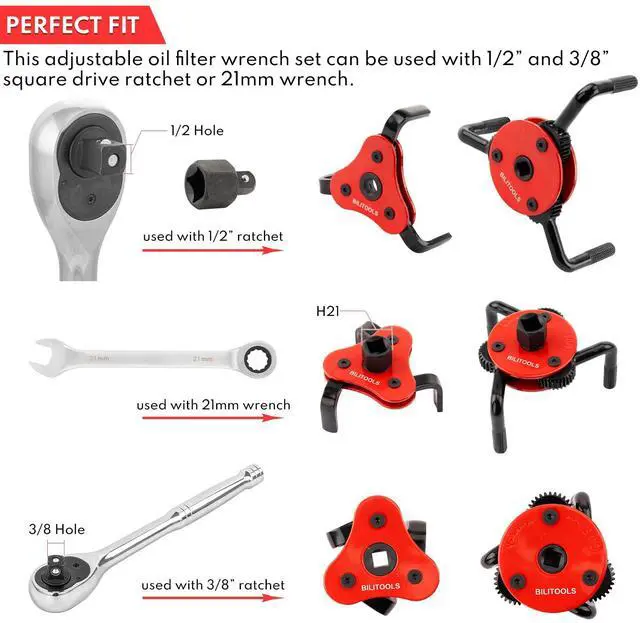 Alt view image 4 of 6 - Adjustable Oil Filter Wrench Universal Oil Filter Removal Tool, 1/2" Drive, Fits 2-1/2"5-1/8" Filters