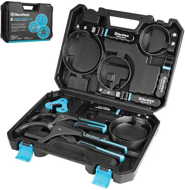 Main image of 8-Piece Oil Filter Swivel Wrench Set, Wrenches Cover 2-3/4" to 5-1/4", 9" & 12" Adjustable Oil Filter Pliers, Universal 3-Jaw Removal Tool with 1/2" to 3/8" Adapter, Organized in Storage Case